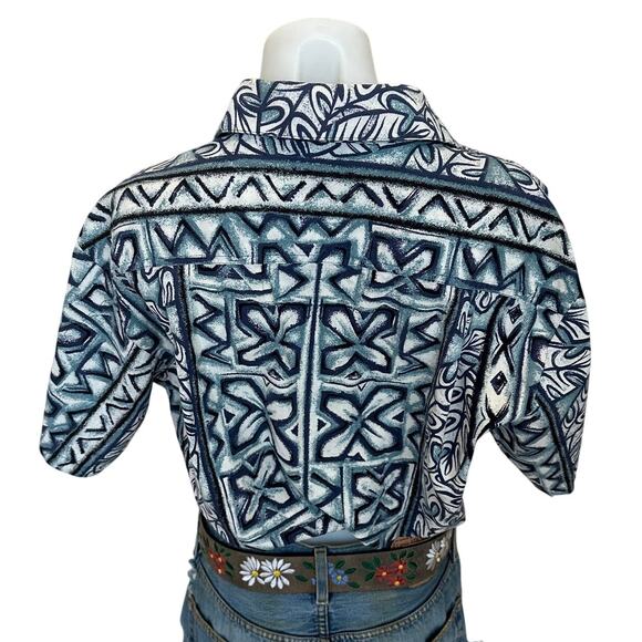 Hawaiian Shirt Blue Tropical Button Up Crop Top One Size Boxy Coconutgirl Unique - Picture 4 of 6